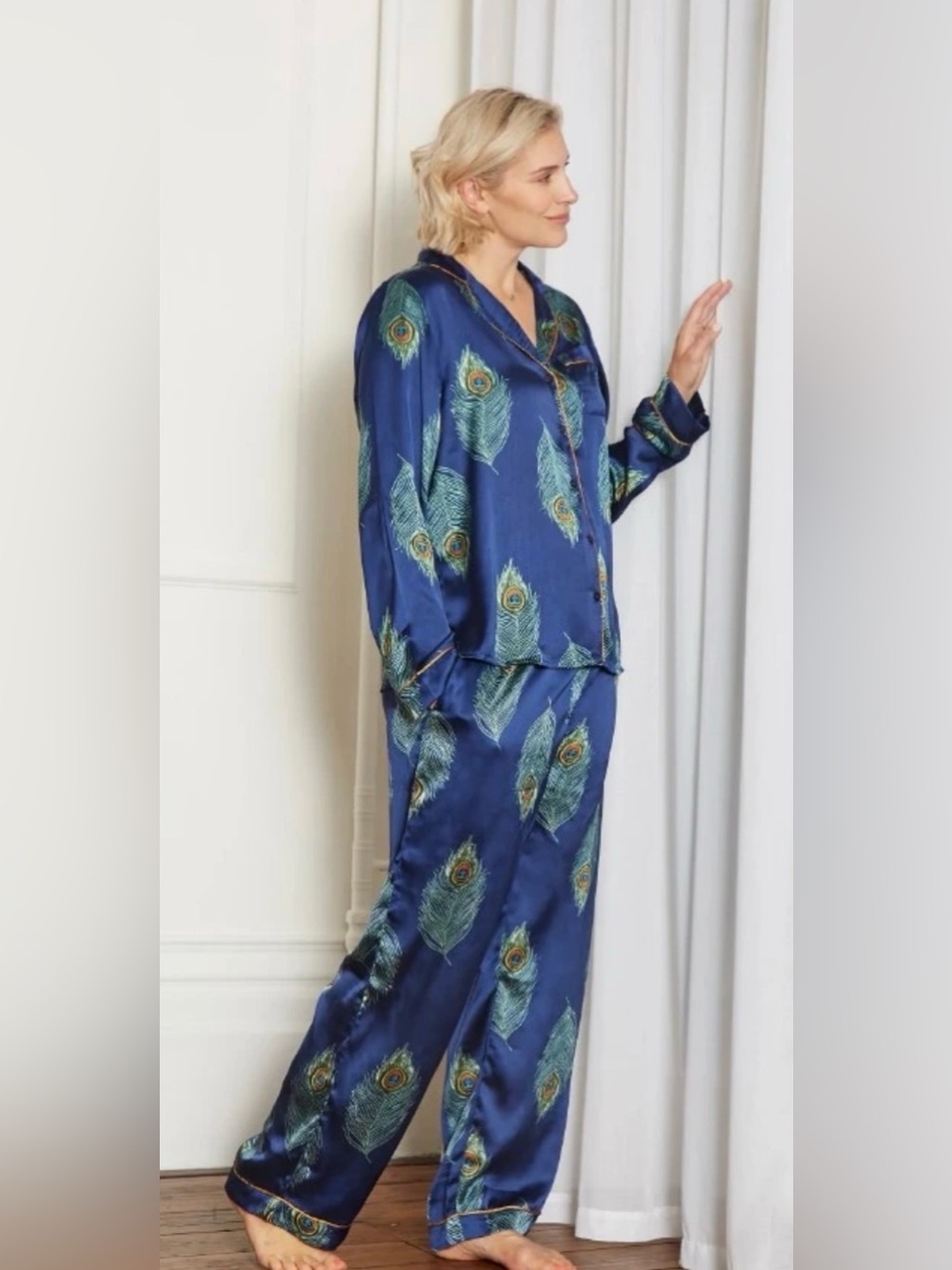 Their Nibs Womens Satin Oversized Pyjamas Navy Peacock Feather Size Small